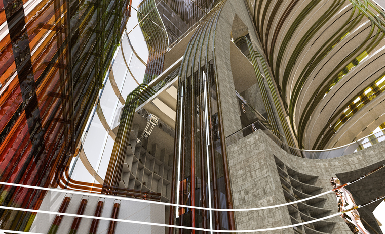 An interior render showing the grand lobby with concrete core, pipe system and multiple spaces.