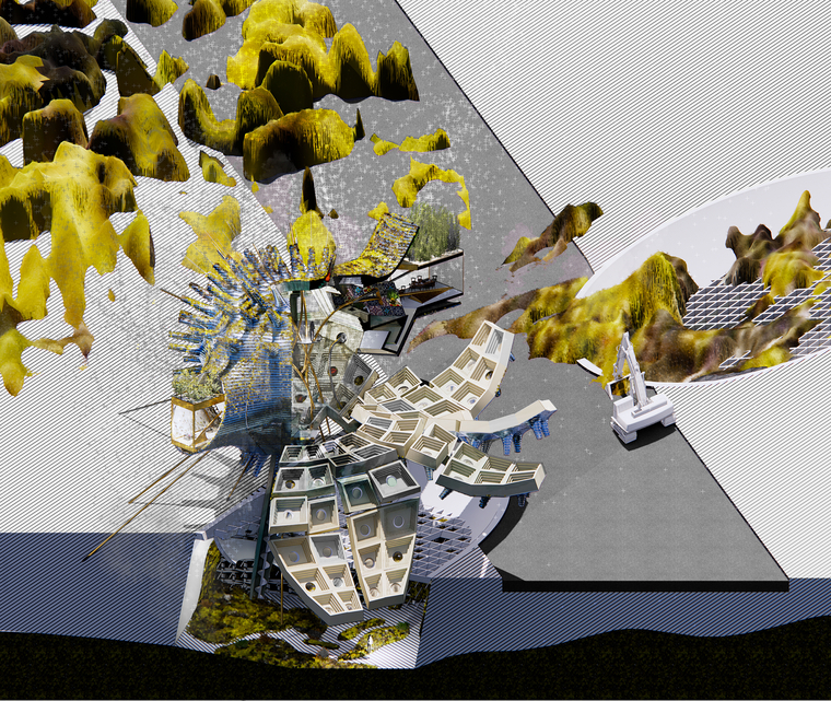 Rendering collaged from many elements including modular structures and plants