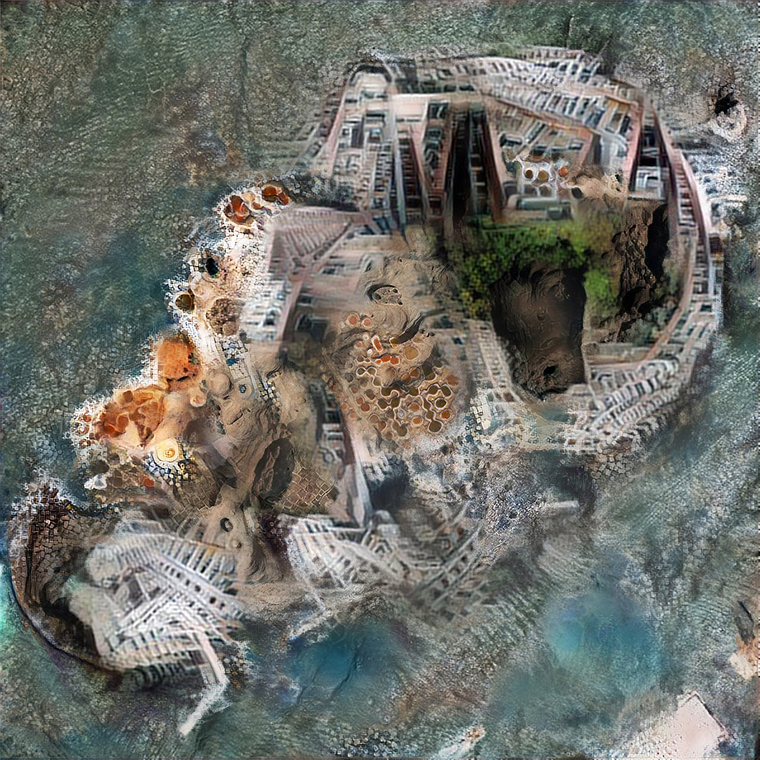 Aerial rendering of a island-like structure that resembles crystal formations