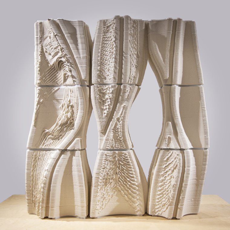 Ceramic Façade Mockup. 3D printed volumes with ornamentation created by material manipulation through robotic behaviors.