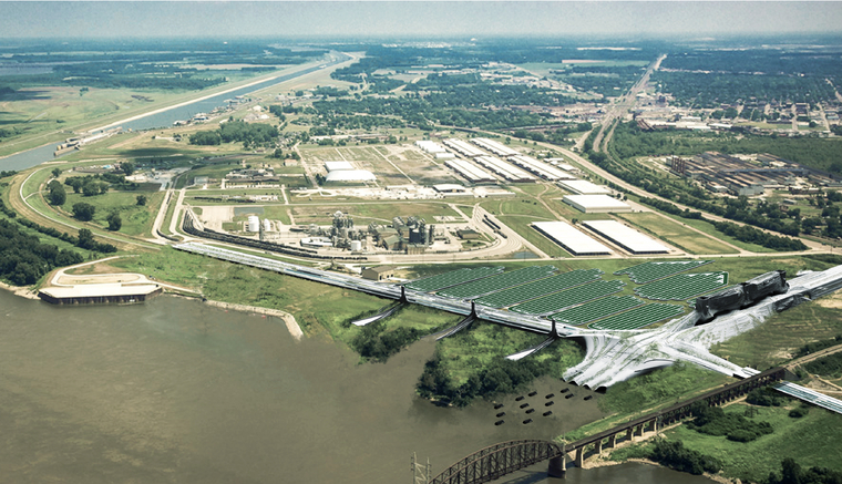 Bird's eye view from river looking over concrete levee/distribution center hybrid structure in Granite city's industrial complex