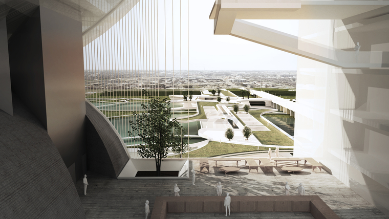 View from communal housing space, framing perspective of the plinth's connection to West Dallas, seen in the distance