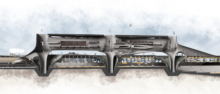 A long section showing the relatioship between drone hive, warehouse, ground transporation as with pod dock and railline.