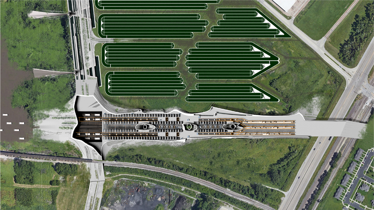 Plan at 20 feet, Automated distribution center that facilitates exchange of agricultural goods along the Mississippi River