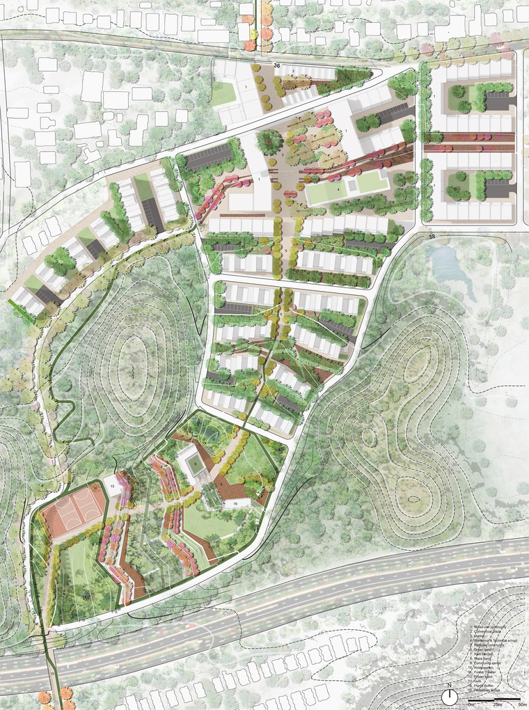 A pedestrian spine ties three components of the project - a terraced park, a relocation community, and a new central plaza.