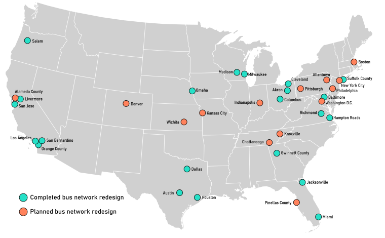 Location of completed and planned bus network redesigns
