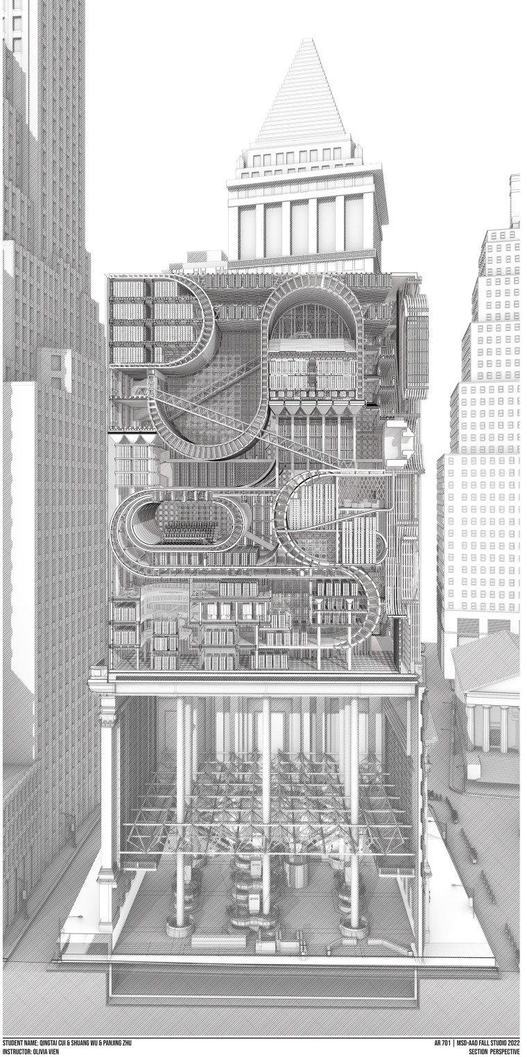 Section view of New York Stock Exchange and new digital mining studio of its roof