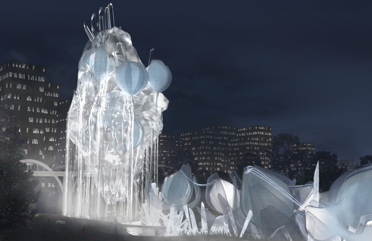 The Water Tower, When water is drawn from the river into the building, it goes through a purification system which filters out harmful chemicals. Minerals gradually accumulate and form a large chunk of crystal. Purified fresh water then pours down from the top forming a waterfall. This monumental structure places an emphasis on water pollution issues in the city, meanwhile tribute to the sublime of nature.