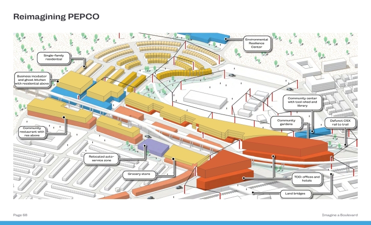 The studio also reimagined how development might manifest at a site along the boulevard, in this case, looking at transit-oriented development at a site owned by DC's electricity company, PEPCO.