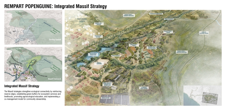Massif strategies enhance connectivity by reinforcing reserve edges, creating green buffers, promoting agroecology, and enabling co-management.