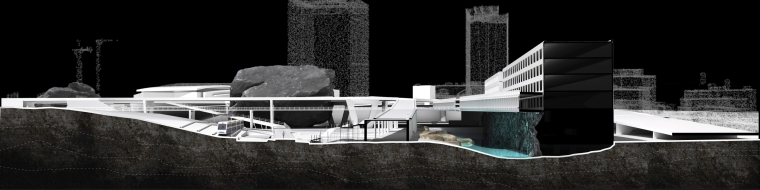 A cross section cut to expose water connected to the architecture