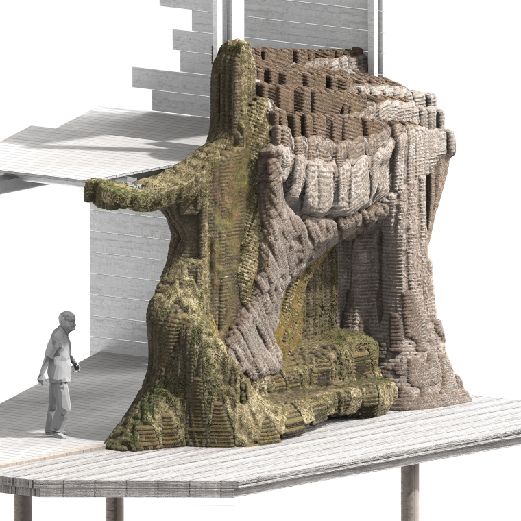 Detailed render to illustrate how the repair process enhances material layering and redefines spatial quality.