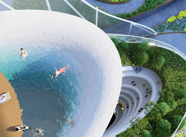 Elevated Oasis :A tranquil retreat above the city—where water, greenery, and circulation intertwine, offering a layered sensory experience between leisure and movement.