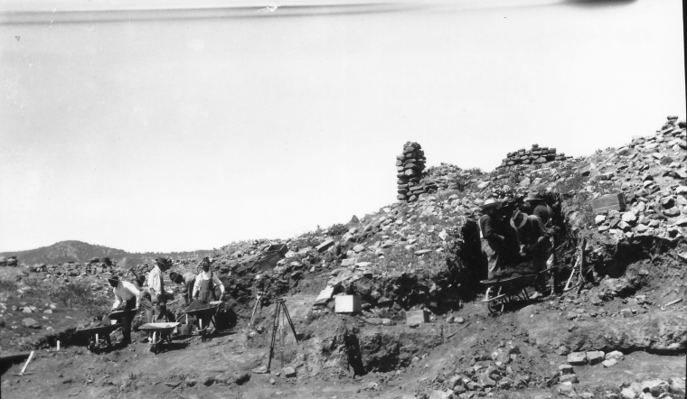 Excavation of the eastern or western mesa slope during the Pecos North Pueblo excavation.