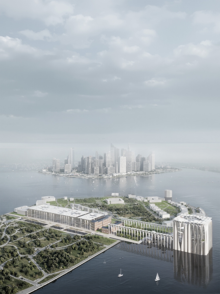 The image presents a proposed cultural and research hub on Governors Island, integrating a botanical conservatory and botanical art center. It extends the island’s historic axis into the waterfront, blending conservation, botanical art, and research to foster ecological awareness and public engagement.