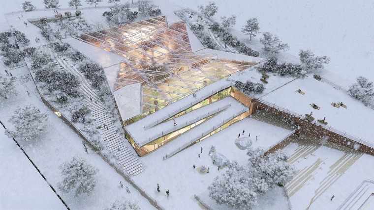 A bird’s-eye view rendering of the Botanical Bridge School during the winter season