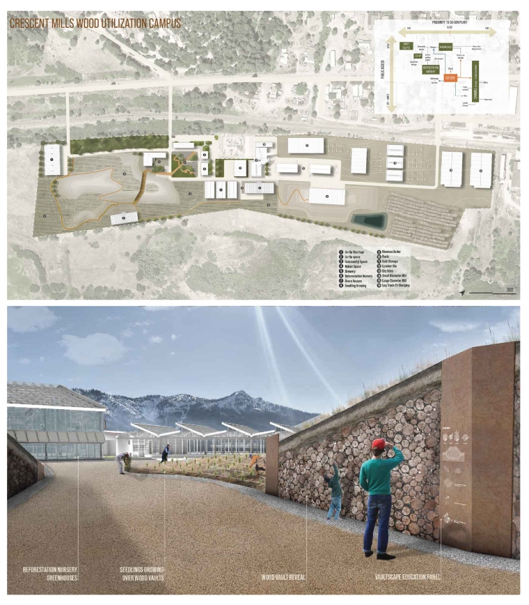 A wood utilization campus contributes to healthy forests by creating valuable material from woody biomass taken out of the forest. This campus houses a reforestation nursery where seedlings are grown over wood vaults.