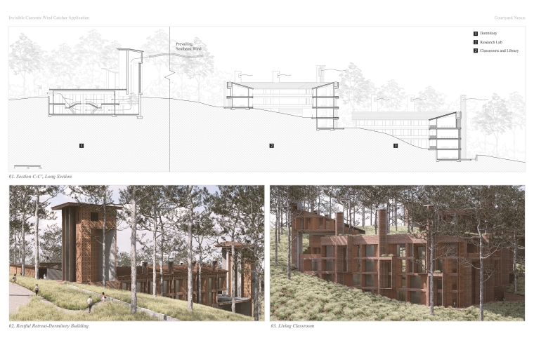 Nestled within a serene eucalyptus grove, this meditation campus harmonizes architecture with landscape through the use of courtyards and slender wind towers.