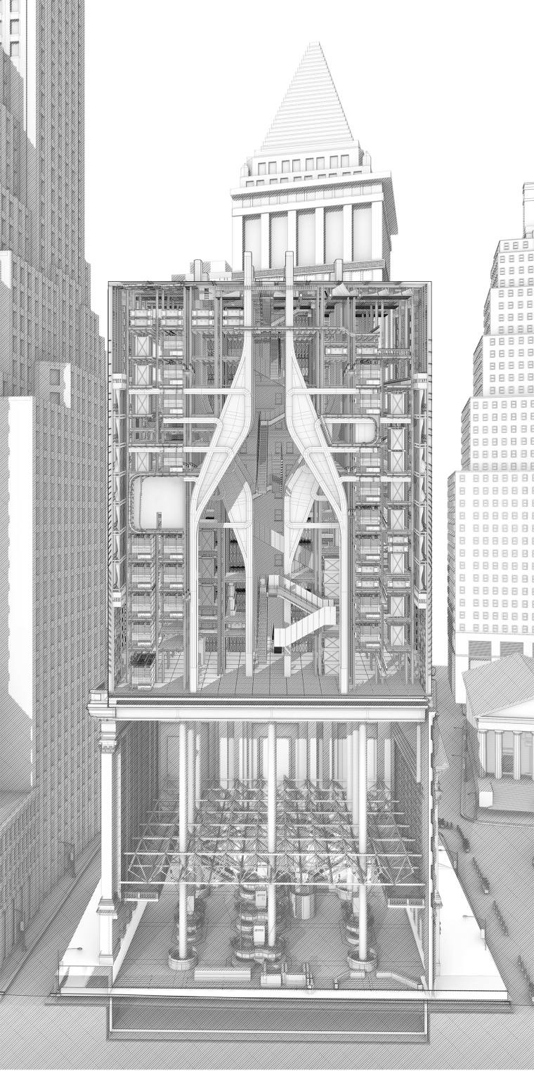 Sectional view of the 14-storey building between two towers