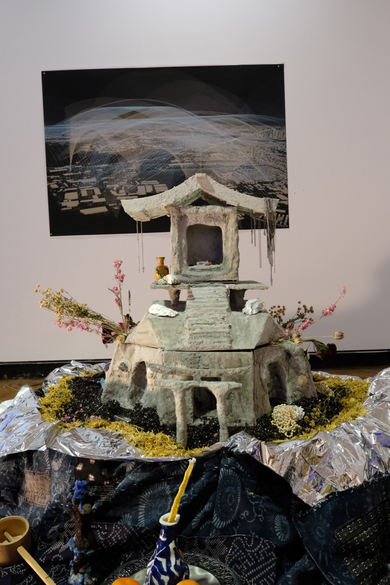 Spirit Home Altar For Hackensack River Spirits-materials: concrete, wood, calendula, japanese fabrics, dried flowers, silver paper, risograph, found objects