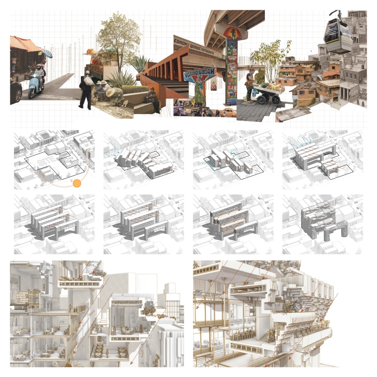 The building form is shaped by solar path simulation; the structural frame provides shading, and the south side steps back to reduce heat gain.