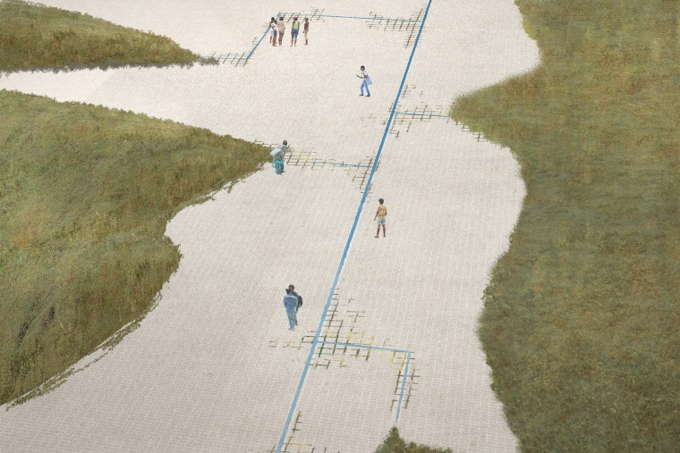 Image of people walking along a hardscape that centers a narrow channel of water.