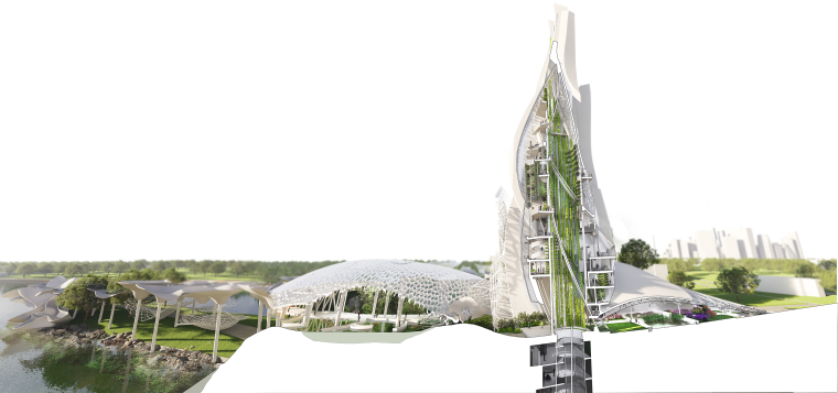 Life in Profile: This unrolled section shows Canopy Spores harvesting rain, a conservatory dome for aquatic research, and the HydroTower’s vertical farms fed by collected water. All atop a protective berm shielding the island from sea rise.