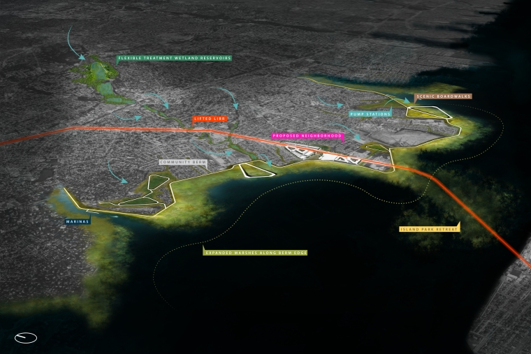 An overall aerial axonometric view of the high level design strategies on the Long Island coast