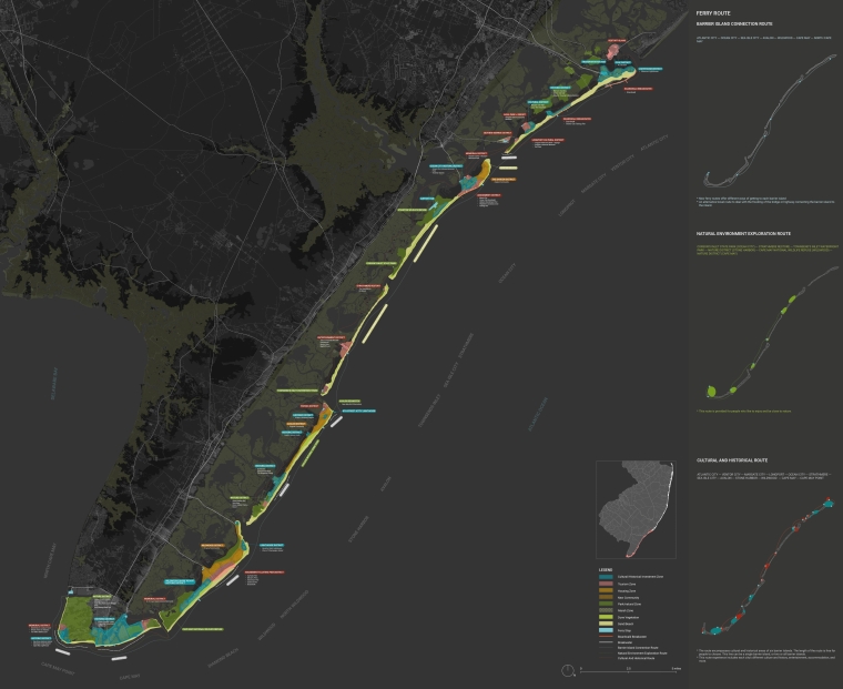 Three new ferry routes along the barrier island connect each city's cultural, historical, and natural districts for people to play, visit, and enjoy.
