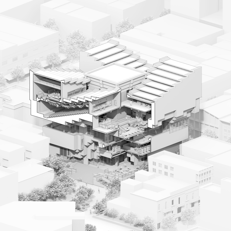 Gray Scale Isometric Drawing of The Library.