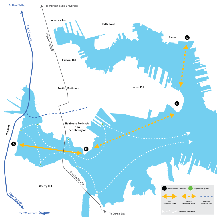 "Hover Middle Branch" proposes a hover craft service connecting the Westport community and Baltimore Peninsula development across the Middle Branch, Patapsco River.