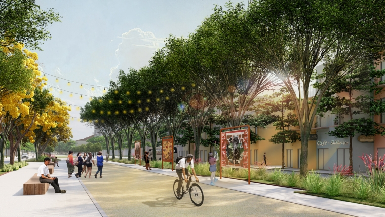 The theme of the Gallery Boulevard echoes the public library and school located in the uphill mixed-use block on the west side, enriching the pedestrian pathway with art installations that can serve as a rotating showcase for local artists in Sobral. Bioswales are installed along both sides of the pedestrian system to enhance surface runoff infiltration.