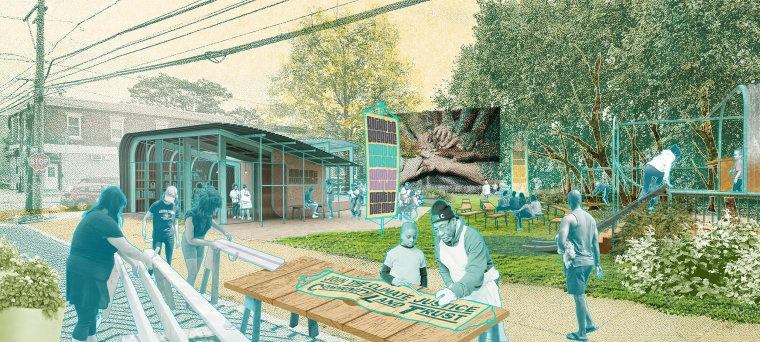An rendering of resistance garden where people are making protest art, children are playing in treehouse play structures, and others are watching a performance.