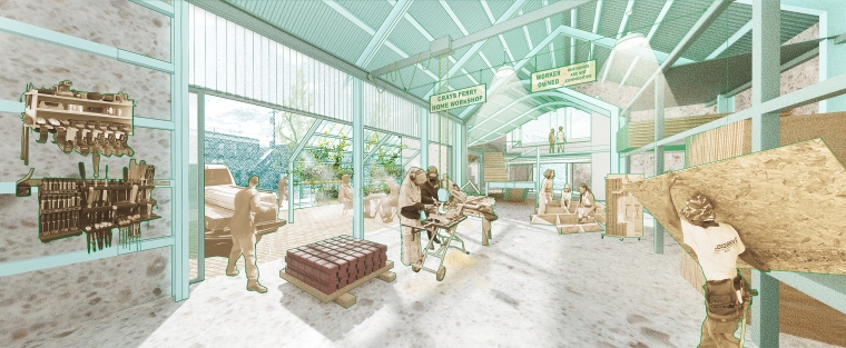 A rendering of the inside of a green home retrofit and repair workshop. People of a varying ages are working together on various building projects and gathering to rest. Signage hanging from the ceiling reads, "Grays Ferry Home Workshop. Worker Owned. Our homes are not commodities."