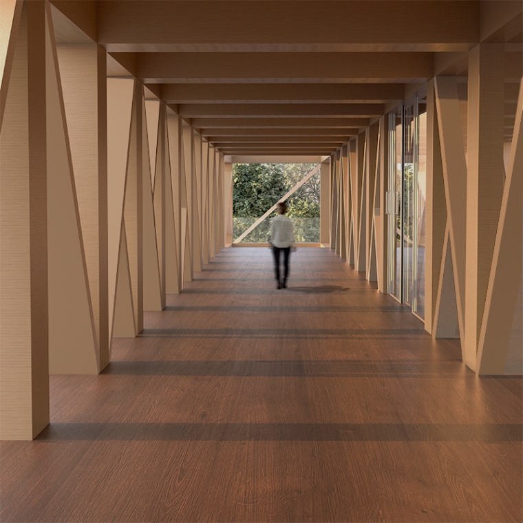 Person walking through a non-ceremonial transition between inside and outside architecture. 
