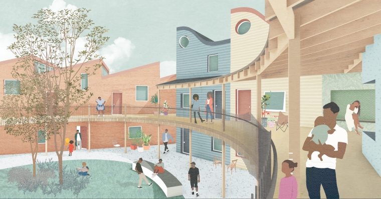 A generous porch around shared greenspace allows for accessible walk-up flats and pockets for community spaces and rooms.