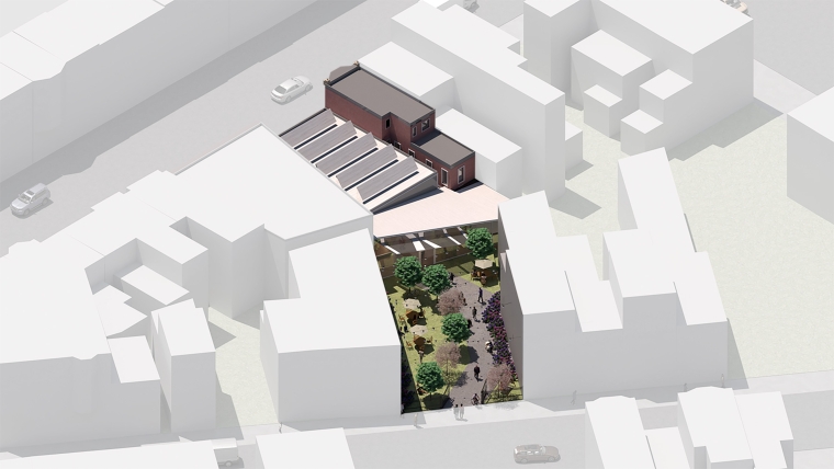 Southwest axon view of the park and light box extension.