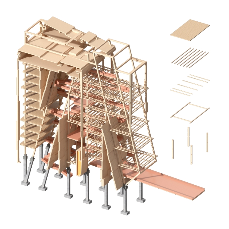 Unlike the traditional stack for programs one by one, the box is split, shifted, and rotated into the four main bars. All these are connected by the interlaced ramps and overlapped by the cubic perforated panels as the enclosure. 