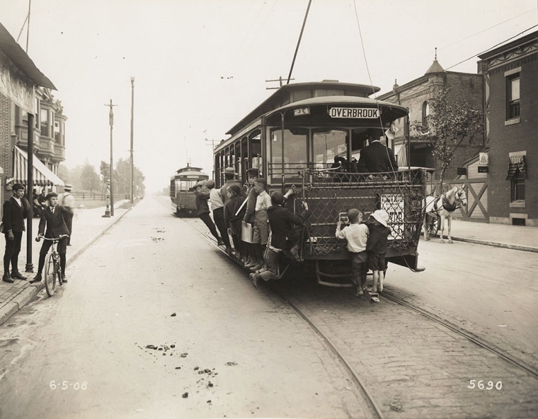 Children Riding Overbrook Trolley, 1908, West Philadelphia. (Source: Free Library of Philadelphia, Print and Picture Collection)