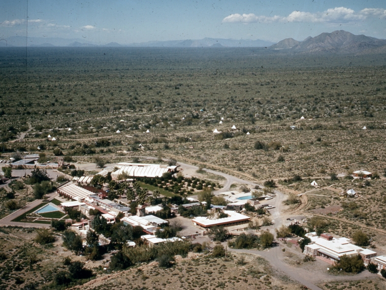 Aerial View of Taliesin West with Tent Encampment, sometime after 1959. Photo Source: Photo # 3803.2620, Taliesin West Digital Images, The Frank Lloyd Wright Foundation Archives, Scottsdale, AZ.