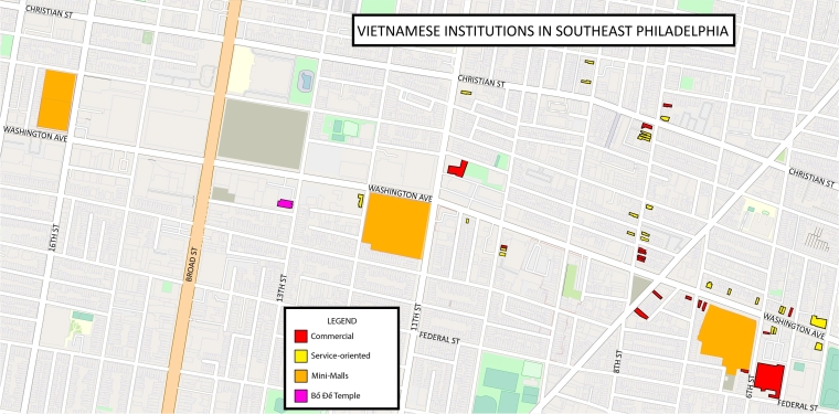 Map of Vietnamese institutions in the Little Saigon neighborhood as of April 2023. Commercial properties include institutions such as: restaurants, shops, supply stores, etc. Service-oriented properties include institutions such as: medical offices, pharmacies, tax offices, travel agencies, etc. Map created by Calvin Nguyen, 2023.