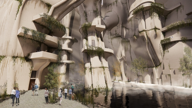 A 3D exterior rendering of the reimagined Hoover Dam as a green energy hub and autonomous city. The image shows a modern, angular design with solar panels and wind turbines integrated into the structure. The dam is surrounded by a public park with greenery, trees, and water features. Visitors can be seen walking on the observation decks, and the visitor centers are visible on the sides of the structure.