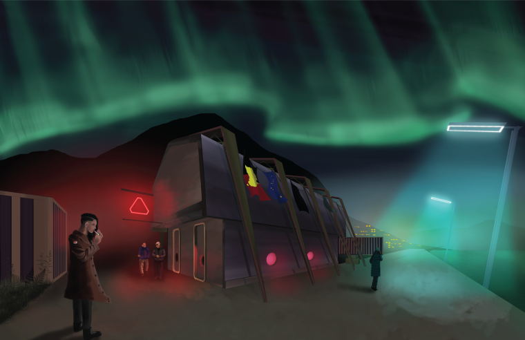 Character Stands adjacent to shipyard bar with neon lights and aurora borealis above