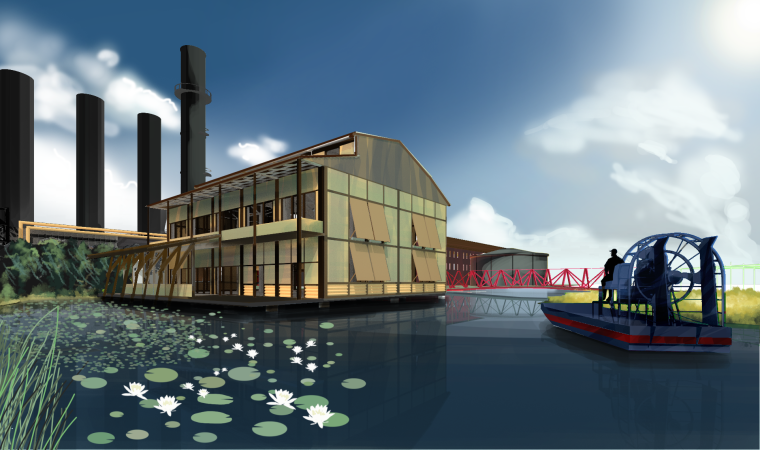 An airboat approaches a refurbished factory site with water lillies in foreground and smokestacks in the back