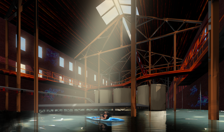 Kayaker moves through a large flooded factory space