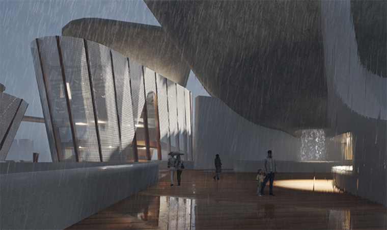 Exterior rendering on pedestrian pathway