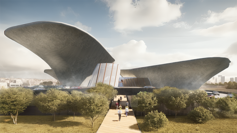 Exterior rendering from ground level entrance