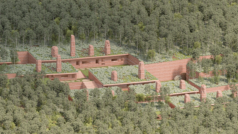 An aerial view reveals a sculpted architectural landscape nestled into the curved hillside, seamlessly blending with the dense surrounding forest.