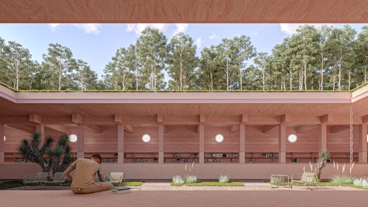 A serene library courtyard opens upward, its stillness framing the movement of the sky and treetops.