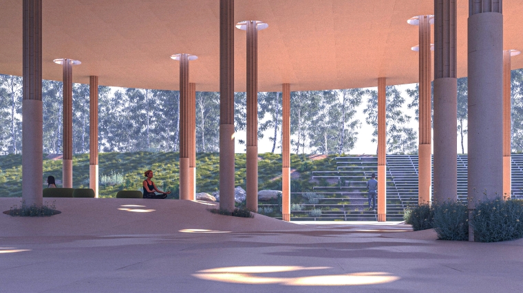 A meditation space of stillness, where soft light filters through slender columns, merging interior calm with the gentle rhythms of the surrounding landscape.